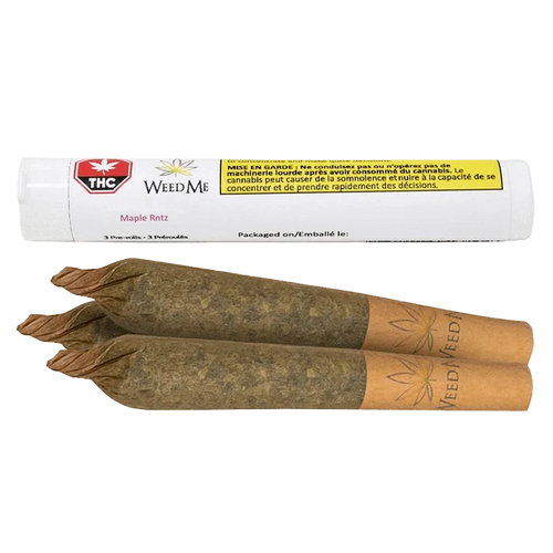 Three pre-rolled cannabis joints in brown paper shown below a white tube labeled Maple RNTZ PR 3 x 0.5 g, photographed on a plain white background.