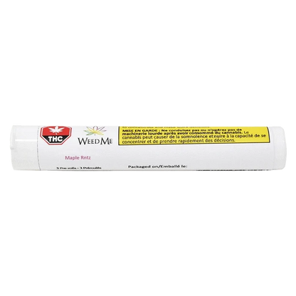 Horizontal studio shot of a white tube labeled "Maple RNTZ PR 3 x 0.5 g" with the WeedMe logo and a yellow warning panel.