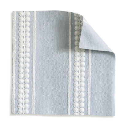 Margot Mist Embroidered Curtain, mist blue swatch with pom pom trim, made to order in USA with short lead times