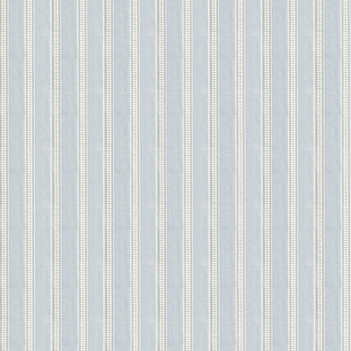 Margot Mist fabric with delicate white embroidery on soft blue stripes, perfect for custom sheer curtains by Pepper Home.