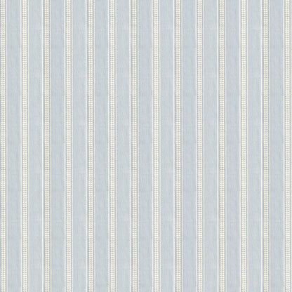 Margot Mist fabric with delicate white embroidery on soft blue stripes, perfect for custom sheer curtains by Pepper Home.