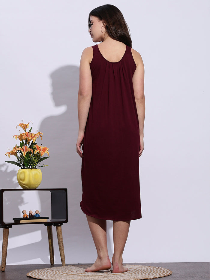 Maroon Hosiery Cotton Slip Sleeveless Night dress for Women