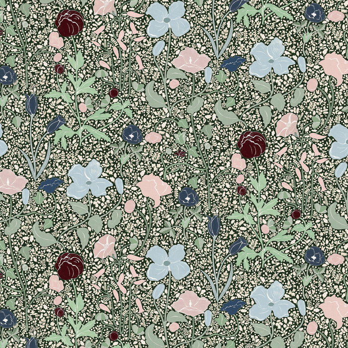 Matilda custom curtains feature hand-painted ditsy florals with oversized blooms in soft pastels and deep neutrals.