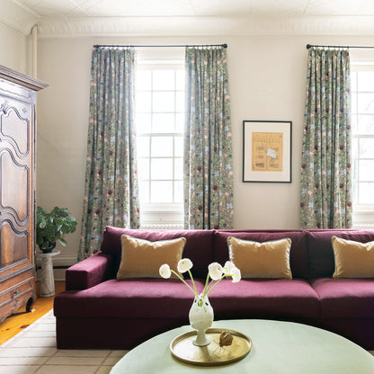 FEATURED: Matilda Curtains / Camel Velvet Pillow & Fern Piping.