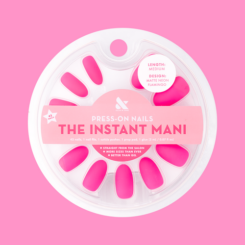 Matte Neon Flamingo - Press-On | Medium | Oval showing medium oval neon pink matte press-on nails in round clear packaging