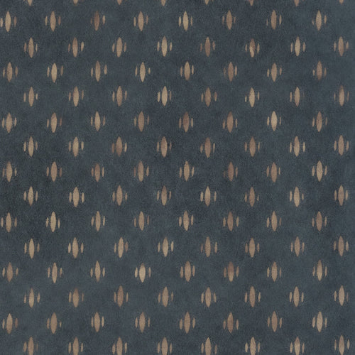 Maude Midnight wallpaper in a dark blue pattern with warm tan motifs, made to order in the USA with short lead times