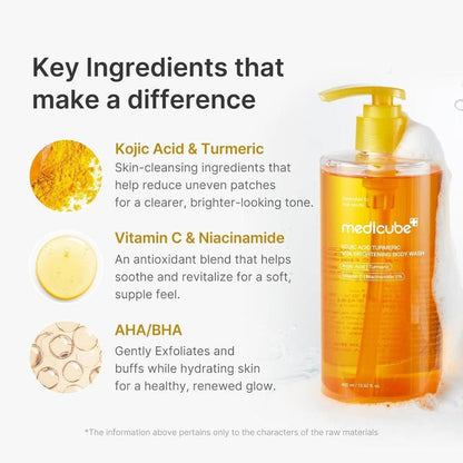 Medicube Kojic Acid Turmeric Brightening Body Wash 400ml غسول الجسم لتفتيح البشرة بحمض الكوجيك والكركم من ميديكوب - Princess Cosmetics Qatar
