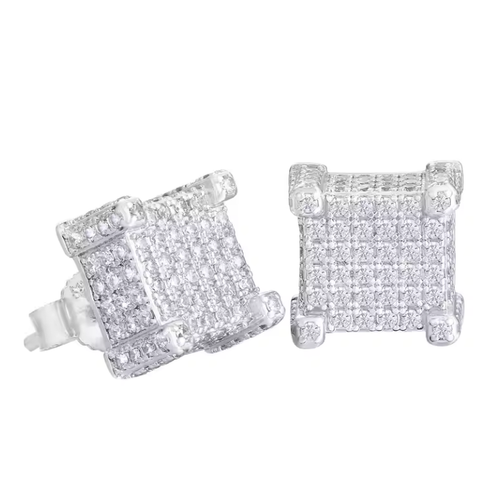Men’s 14K Gold-Plated 925 Sterling Silver Square 3D Iced-Out Cube Earrings