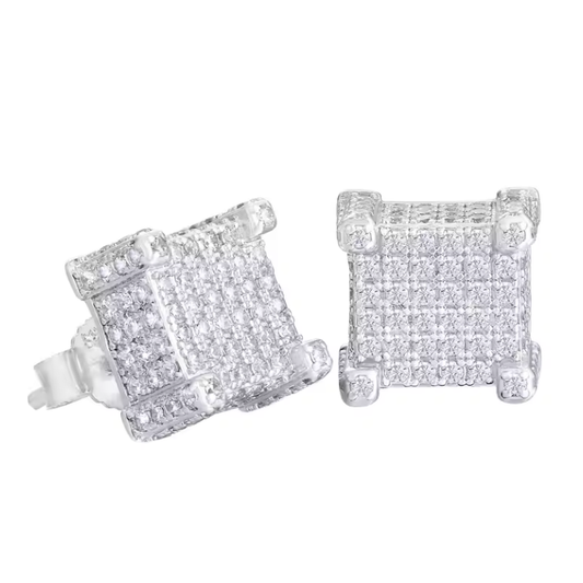 Men’s 14K Gold-Plated 925 Sterling Silver Square 3D Iced-Out Cube Earrings