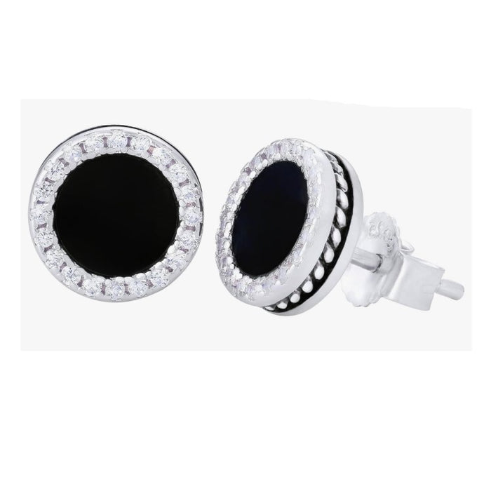 Men’s 8mm Black Onyx Stud Earrings in White Gold-Plated 925 Sterling Silver