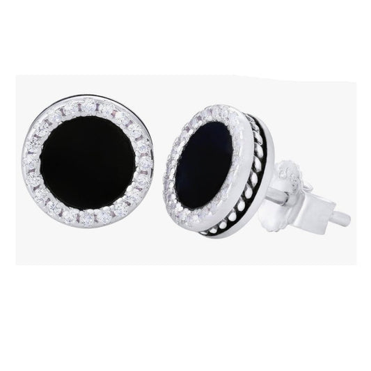 Men’s 8mm Black Onyx Stud Earrings in White Gold-Plated 925 Sterling Silver