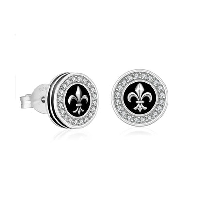 Men’s 9mm Black Onyx Stud Earrings with 5A CZ Halo & Silver Fleur-de-Lis