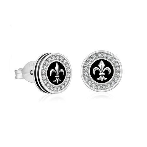 Men’s 9mm Black Onyx Stud Earrings with 5A CZ Halo & Silver Fleur-de-Lis