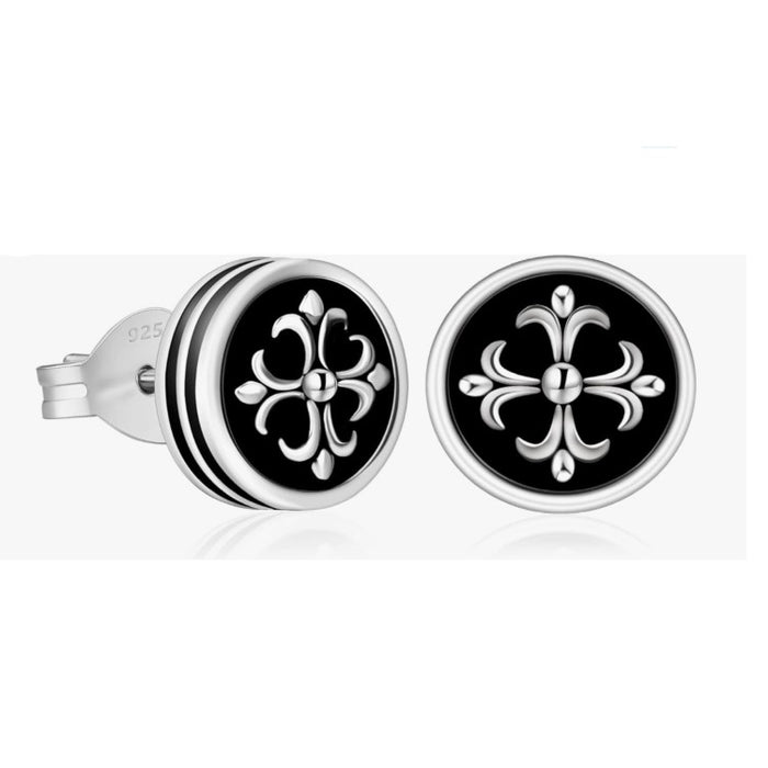 Men’s 9mm Black Onyx Stud Earrings with Cross Fleur-de-Lis  Center
