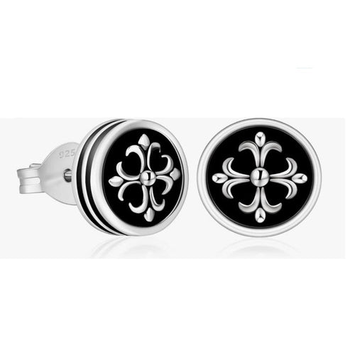 Men’s 9mm Black Onyx Stud Earrings with Cross Fleur-de-Lis  Center