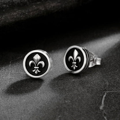 Men’s 9mm Black Onyx Stud Earrings with Fleur-de-Lis Center
