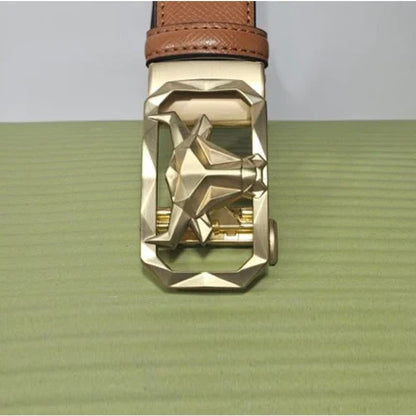 Men’s Tan Pattern Leather Belt with Gold Bull’s Head Buckle