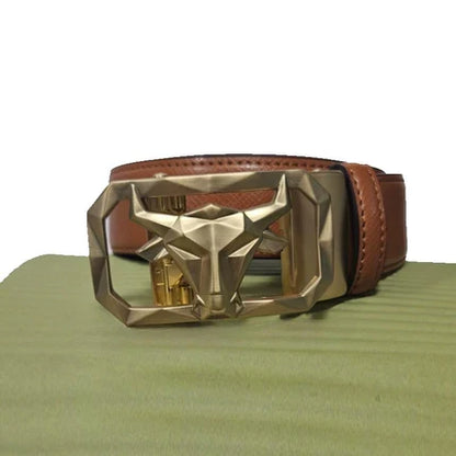 Men’s Tan Pattern Leather Belt with Gold Bull’s Head Buckle