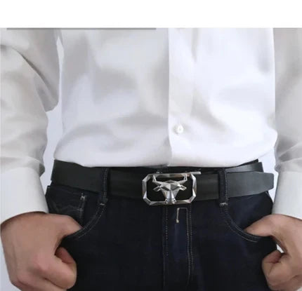 Men’s Tan Pattern Leather Belt with Gold Bull’s Head Buckle