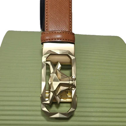 Men’s Tan Pattern Leather Belt with Gold Bull’s Head Buckle