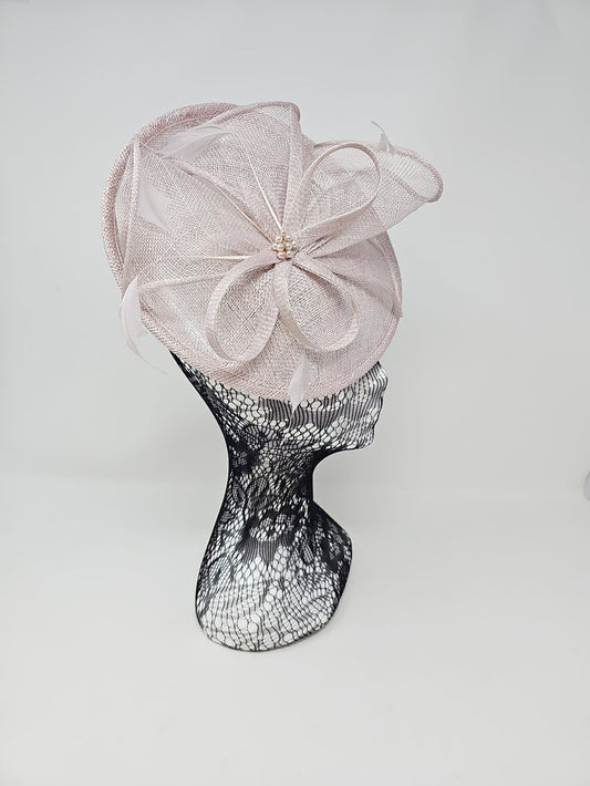Metallic Pearl Silver Feather & Bow Round Disc Fascinator