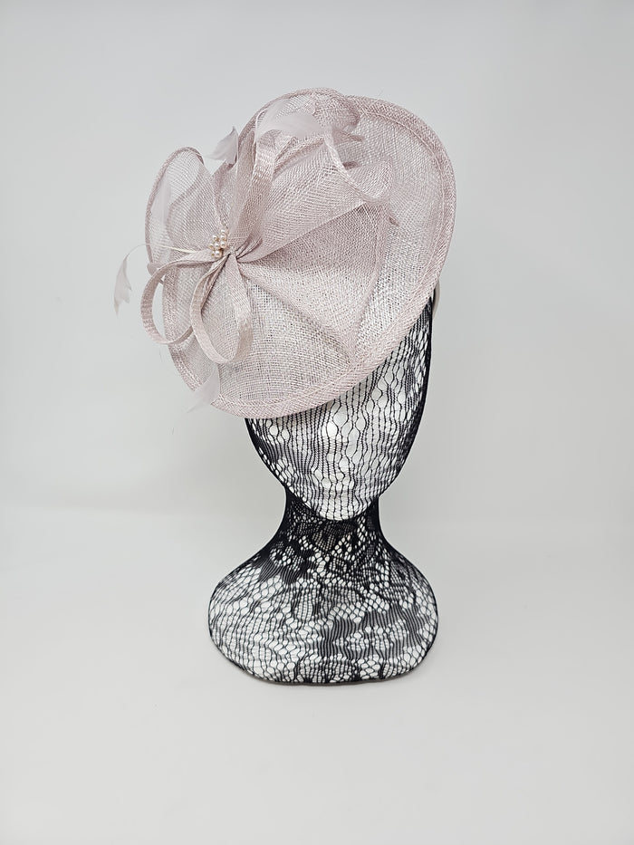 Metallic Pearl Silver Feather & Bow Round Disc Fascinator