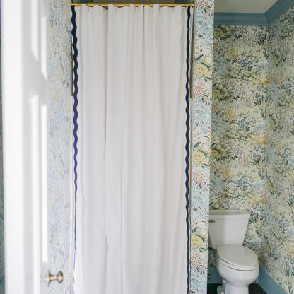 Midnight made-to-order white shower curtain with navy trim, quick delivery, quality crafted and manufactured in the USA