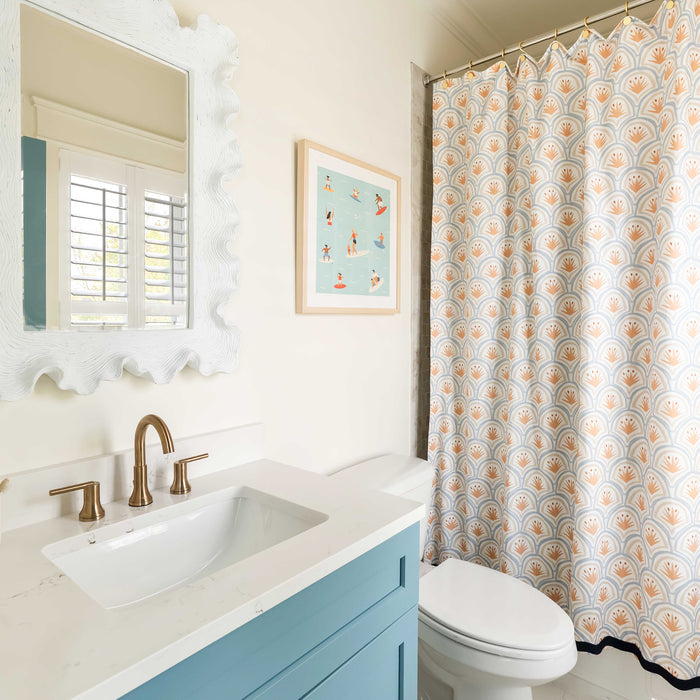Midnight made-to-order printed cotton shower curtain in apricot tones, crafted in the USA with short lead times and quality finish