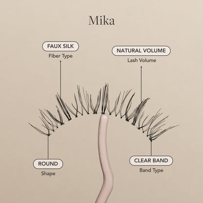 Mika false eyelash with faux silk fibers, natural volume, round shape, and a clear lash band.