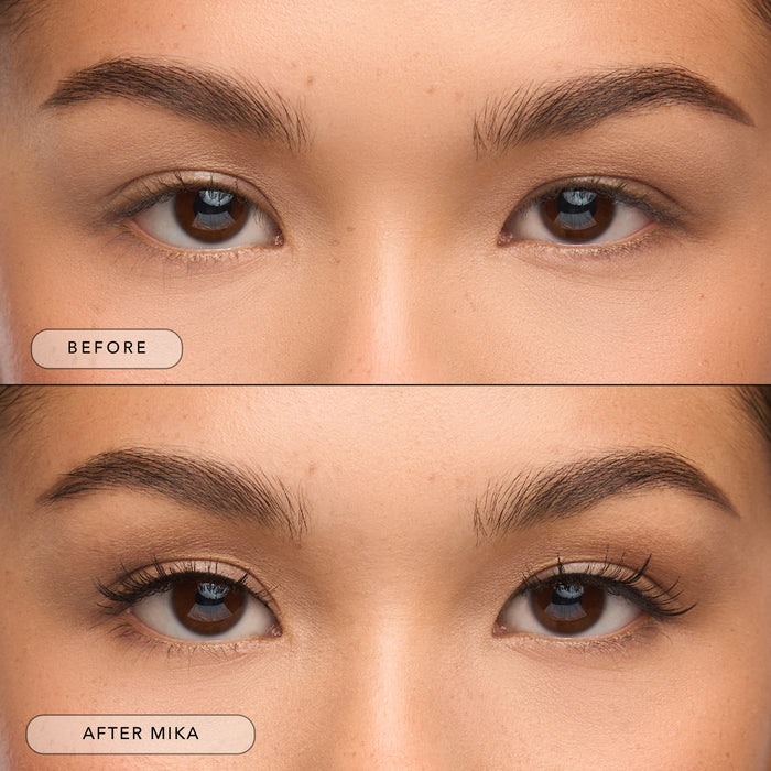 Before and after of a model wearing Mika lashes.