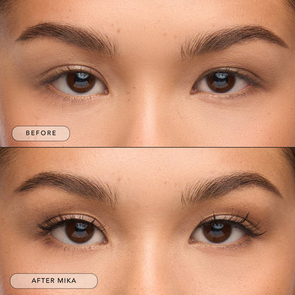 Before and after of a model wearing Mika lashes.