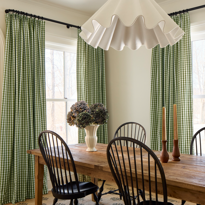 Millie Moss green checked curtains in a dining room, made to order, manufactured in the USA with short lead times