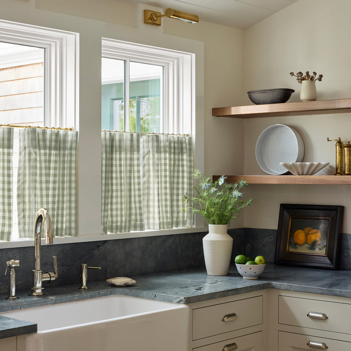 Millie Sage green checked cafe curtains in a kitchen, made to order, manufactured in USA with short lead times