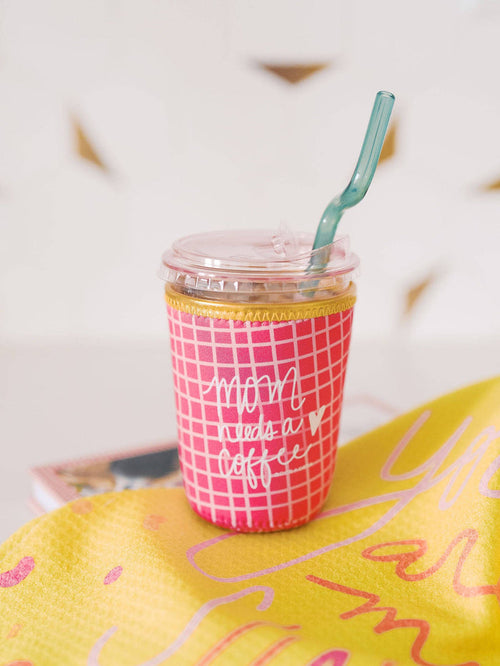 Mom Needs A Coffee Pink Grid Drink Sleeve