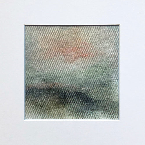 The artwork 'MOMENTUM V' by Xanthippe Tsalimi features a textured abstract landscape with subtle color transitions from misty gray-green tones at the bottom to soft pink and beige hues at the top. The oil painting's canvas surface displays a delicate diamond pattern texture, creating an ethereal atmospheric effect within the 8x8 inch square composition - by Xanthippe Tsalimi.