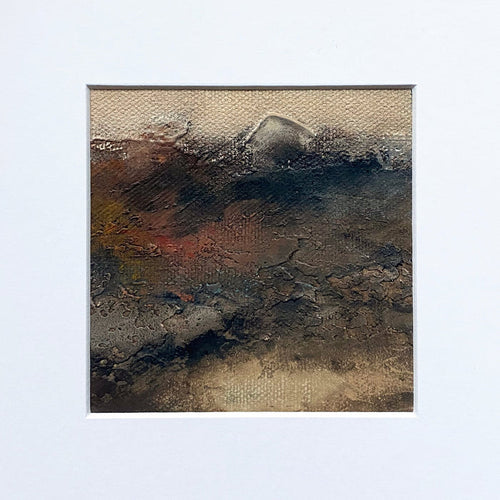 The artwork 'MOMENTUM VII' by Xanthippe Tsalimi features a richly textured abstract landscape in earth tones, with deep browns and blacks swirling into subtle hints of rust and beige. The oil painting showcases dynamic brushwork creating a moody, atmospheric effect with heavily layered pigments and organic textures on an 8x8 inch canvas.