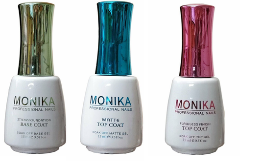 MONIKA Professional - UV/LED Soak off Gel (No-Wipe) TOP COAT/ MATTE TOP COAT & BASE COAT -  0.5 fl.oz/15mL