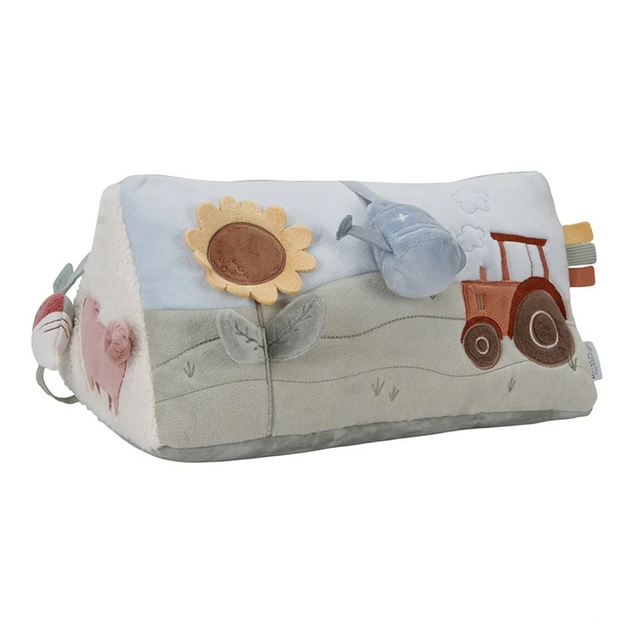 Little Dutch Motorik-Kissen Little Farm – Aktivitäten-Dreieck mit Knisterflügeln, Spiegel und Rassel für Babys ab Geburt