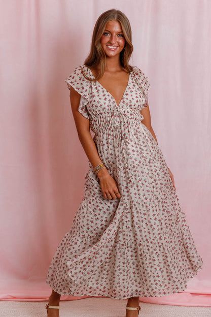 Red Floral Flutter Sleeve Midi Dress- Women's Empire Waist Dress- Mable Dresses