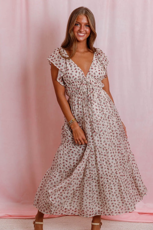 Red Floral Flutter Sleeve Midi Dress- Women's Empire Waist Dress- Mable Dresses