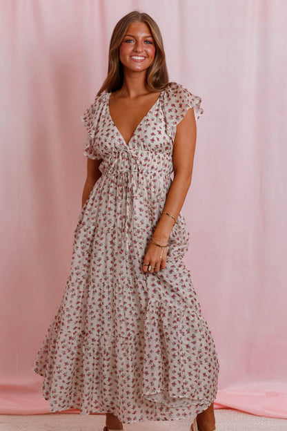 Red Floral Flutter Sleeve Midi Dress- Women's Empire Waist Dress- Mable Dresses