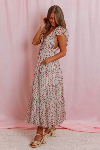 Red Floral Flutter Sleeve Midi Dress- Women's Empire Waist Dress- Mable Dresses