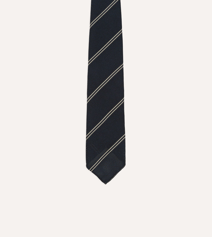 Navy and Ecru Bar Stripe Hand Rolled Silk Grenadine Tie