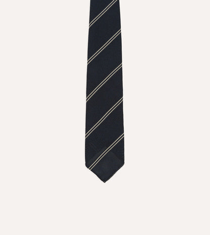 Navy and Ecru Bar Stripe Hand Rolled Silk Grenadine Tie