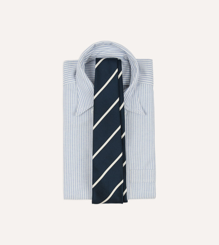 Navy and White Bar Stripe Repp Silk Tipped Tie