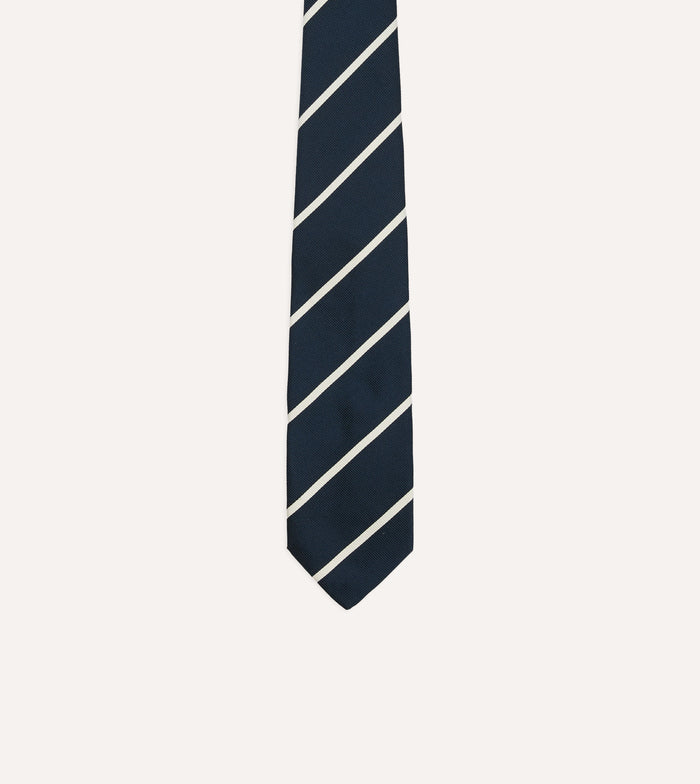 Navy and White Bar Stripe Repp Silk Tipped Tie