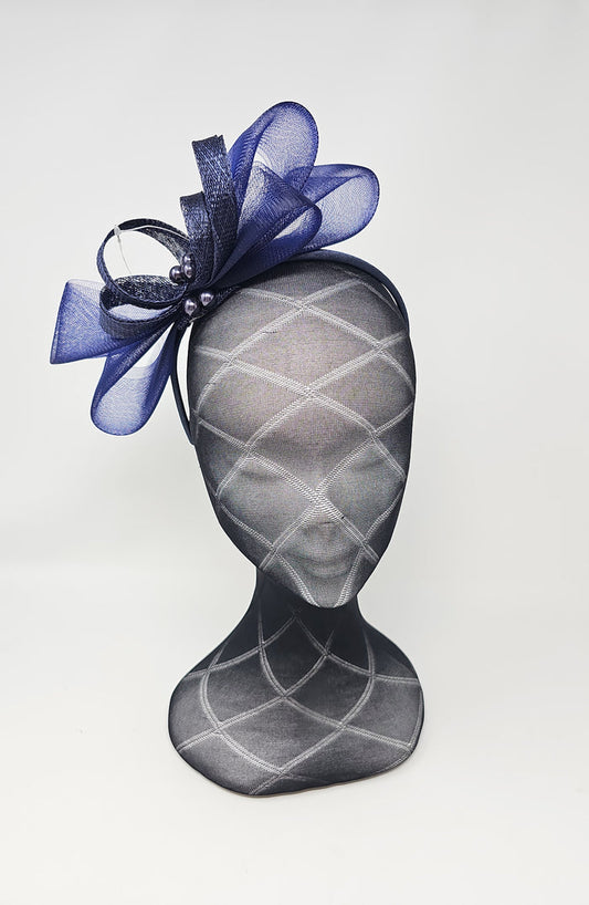 Navy Blue Bead Bow Loop Hairband Fascinator