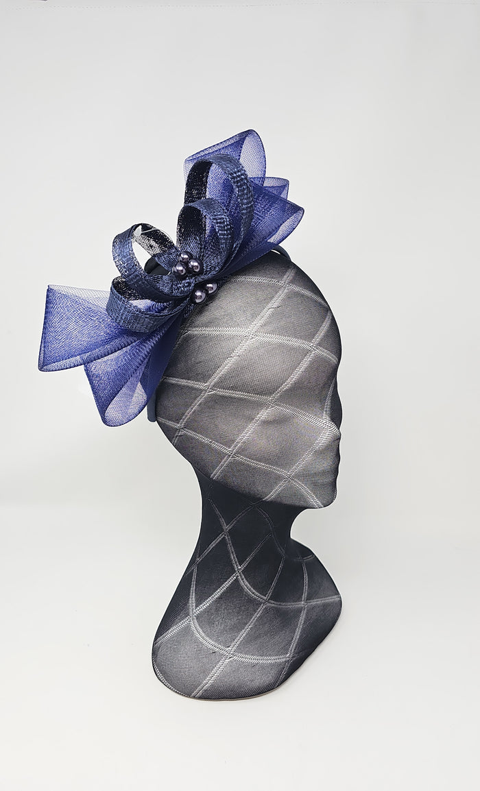 Navy Blue Bead Bow Loop Hairband Fascinator