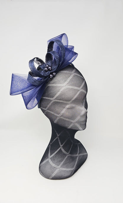 Navy Blue Bead Bow Loop Hairband Fascinator