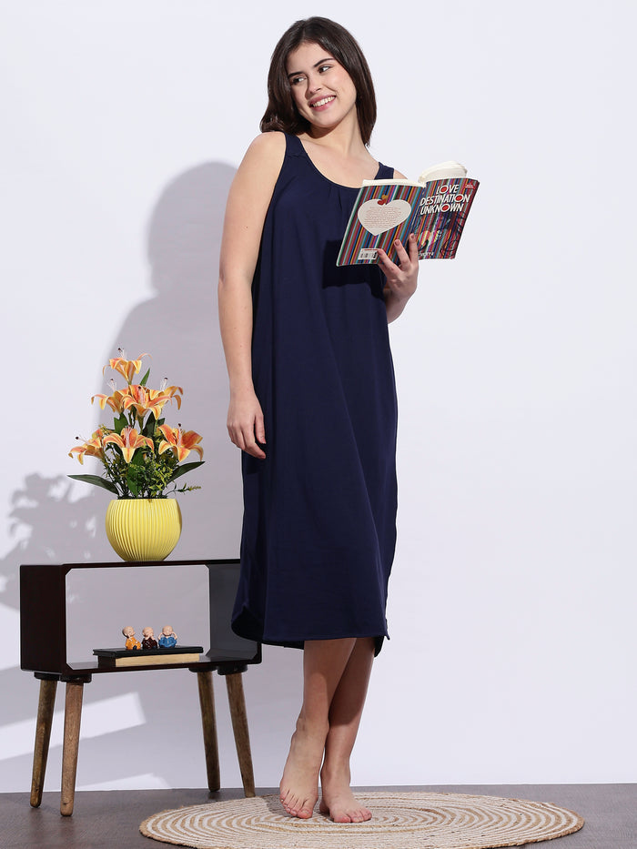 Hosiery Cotton Navy Blue Best Sleeveless Nighty for Women